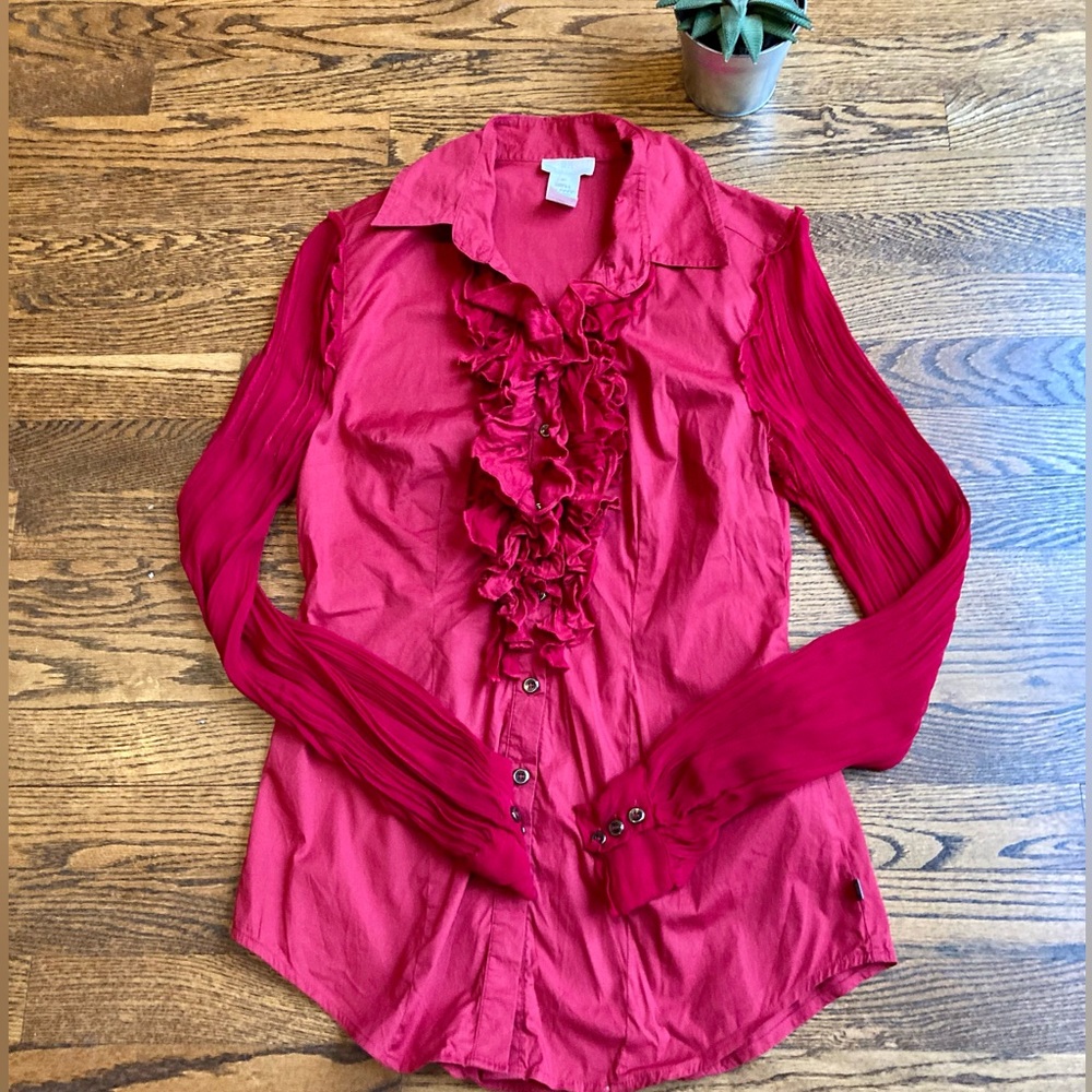 Women’s Long Sleeve Red Ruffled Shirt with Gauze Sleeves.  Size: Medium.